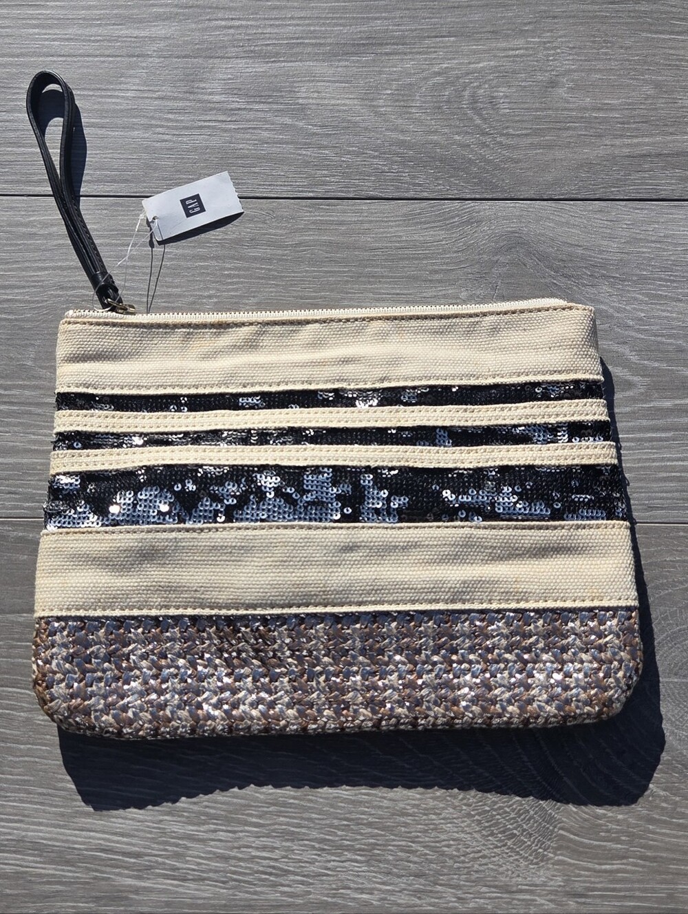 GAP Cream Wristlet Clutch with Black Sequin Stripes